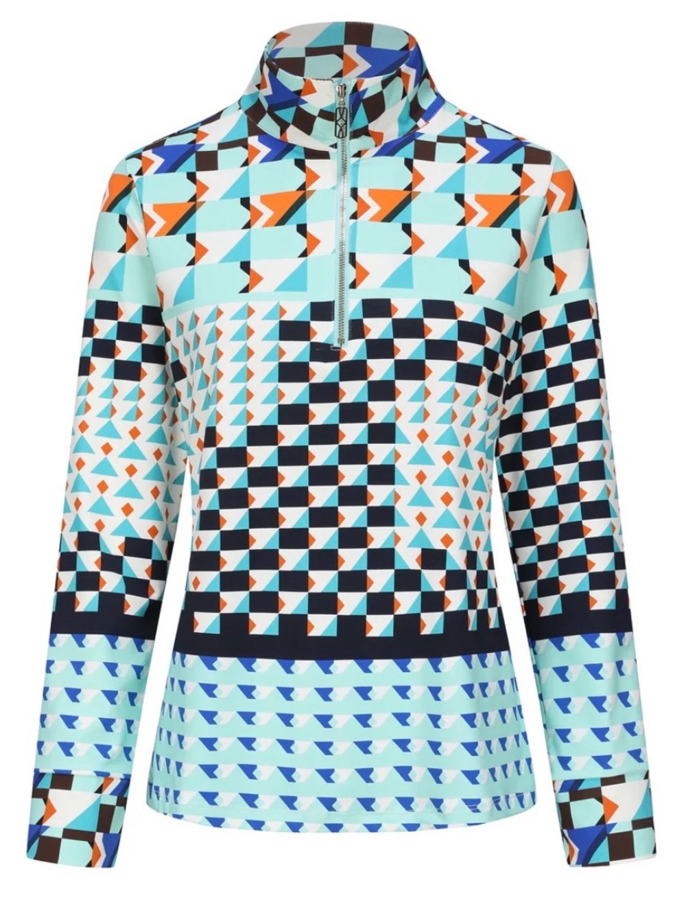 Jean Pierre Klifa Golf Top Pixel 2 Long Sleeve Geometric Blue Orange Size Small